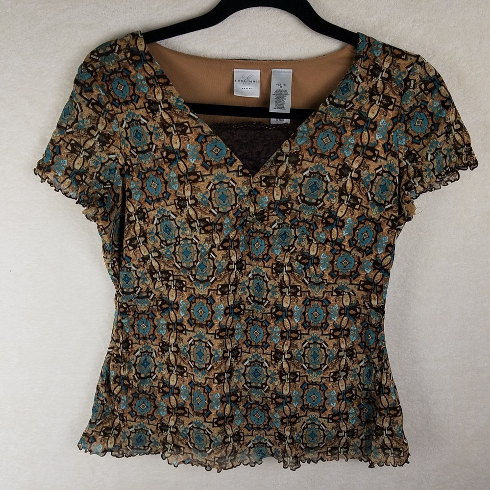 Emma James Mesh Blouse Women Petite M Brown Turquoise Geometric Lace Trim
